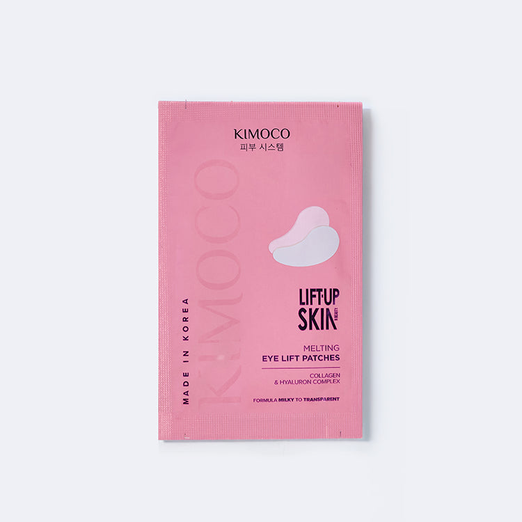 Różowe opakowanie "Kimoco Lift-Up Skin Melting Eye Lift Patches" z widocznym zdjęciem dwóch płatków pod oczy, na jasnoszarym tle.