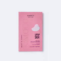 Różowe opakowanie "Kimoco Lift-Up Skin Melting Eye Lift Patches" z widocznym zdjęciem dwóch płatków pod oczy, na jasnoszarym tle.