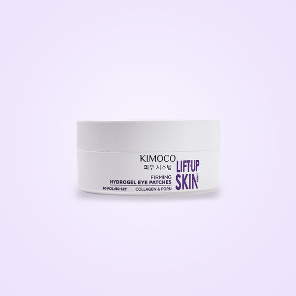 Zamknięty biały pojemnik "Kimoco Lift-Up Skin Firming Hydrogel Eye Patches", na jasnofioletowym tle.