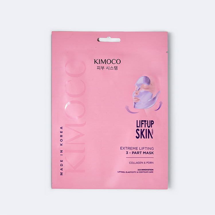 Różowe opakowanie z zawieszką "Kimoco Lift-Up Skin Extreme Lifting 3-Part Mask" z ilustracją twarzy w fioletowej maseczce, na jasnym tle.