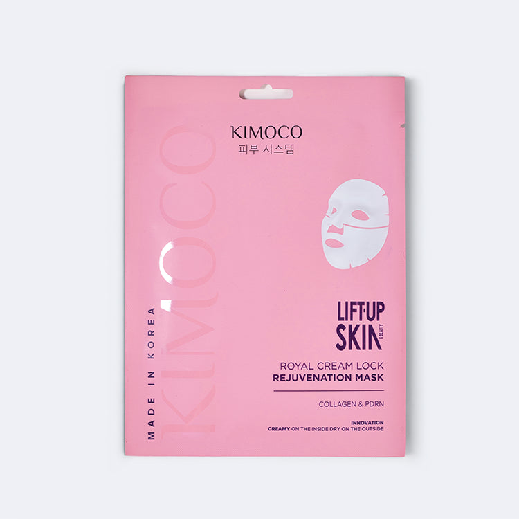 Różowe opakowanie z zawieszką "Kimoco Lift-Up Skin Royal Cream Lock Rejuvenation Mask" z ilustracją maseczki w płachcie, na jasnym tle.