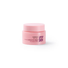 Zamknięty różowy słoiczek "Kimoco Lift-Up Skin Firming Capsule Eye Cream", na białym tle.