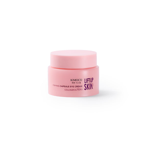 Zamknięty różowy słoiczek "Kimoco Lift-Up Skin Firming Capsule Eye Cream", na białym tle.