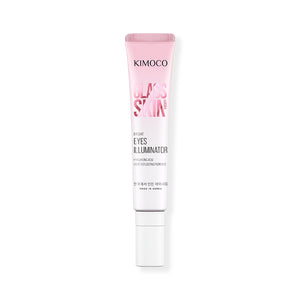 Po środku pionowo ustawiona tuba "Kimoco Glass Skin Bright Eyes Illuminator" z zamkniętą białą zakrętką, na białym tle.