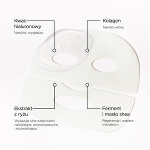 Infografika ze składnikami na jasnym tle: po środku dwuczęściowa hydrożelowa maseczka z wycięciami na oczy i usta, u góry opisy Kwas hialuronowy i Kolagen, u dołu Ekstrakt z ryżu i Ferment i masło shea.