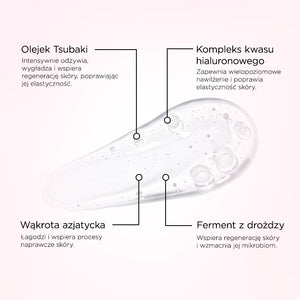 Infografika ze składnikami na jasnoróżowym tle: po środku przezroczysty żel z bąbelkami, u góry opisy Olejek Tsubaki i Kompleks kwasu hialuronowego, u dołu Wąkrota azjatycka i Ferment z drożdży.