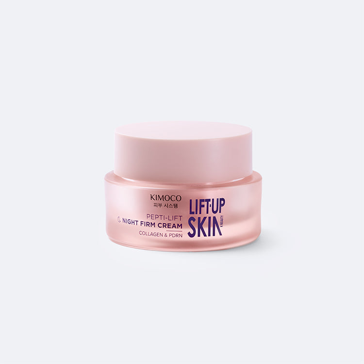Zamknięty różowy słoiczek kosmetyku Kimoco Lift-Up Skin Pepti-Lift Night Firm Cream z kolagenem i PDRN, na jasnoszarym tle.