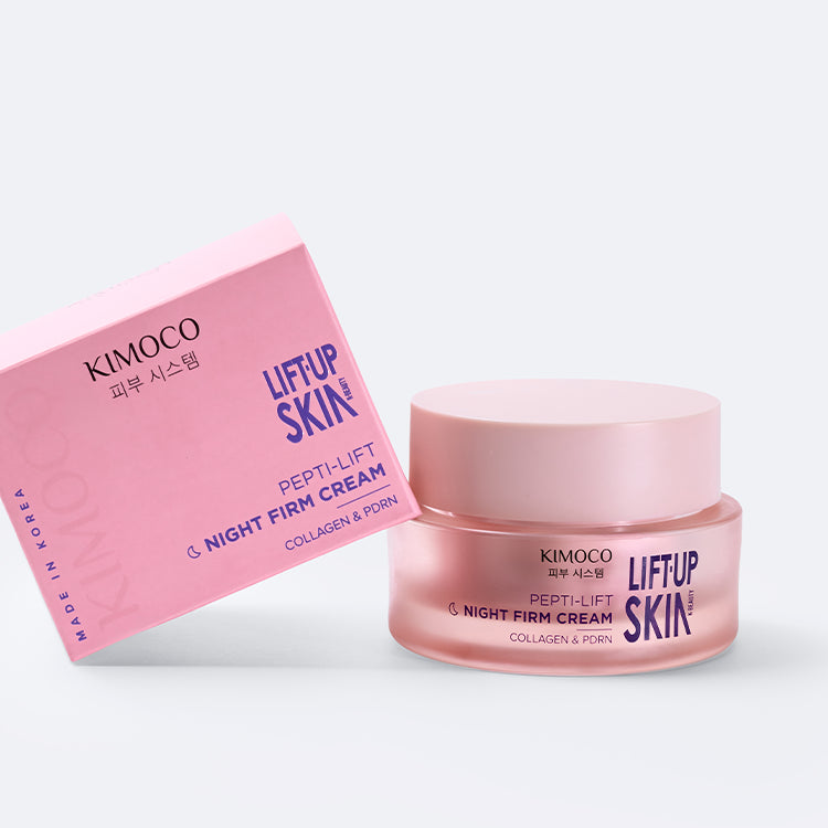 Zamknięty różowy słoiczek kosmetyku Kimoco Lift-Up Skin Pepti-Lift Night Firm Cream z kolagenem i PDRN, na jasnoszarym tle.