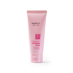 Różowy tubka kosmetyku Kimoco Glass Skin Glow & Lift Wrapping Mask z ekstraktem ryżowym i kolagenem, na białym tle.