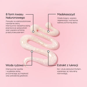 Infografika ze składnikami na różowym tle: po środku faliście ułożony rozświetlający produkt z brokatem, u góry opisy 8 form kwasu hialuronowego i Madekasozyd, u dołu Woda ryżowa i Estrakt z lukrecji.